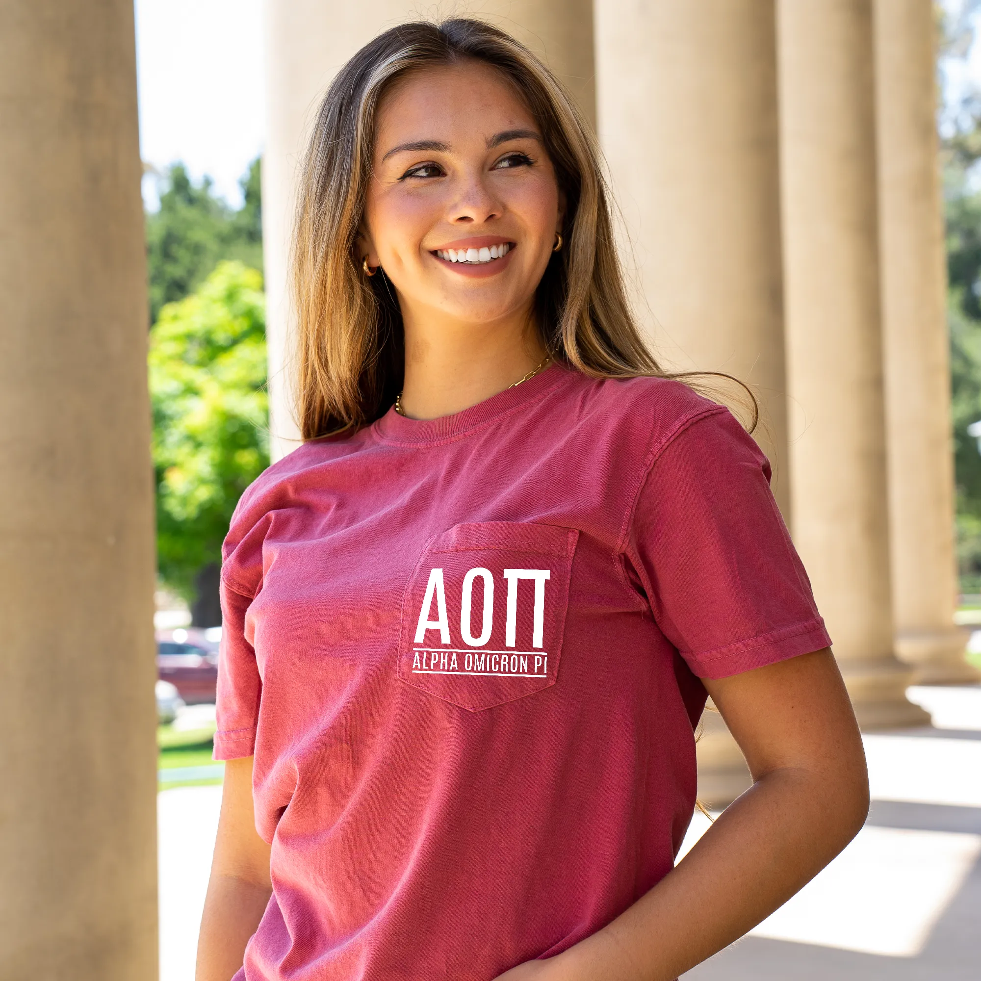 Alpha Omicron Pi Block Letters T-Shirt - Crimson