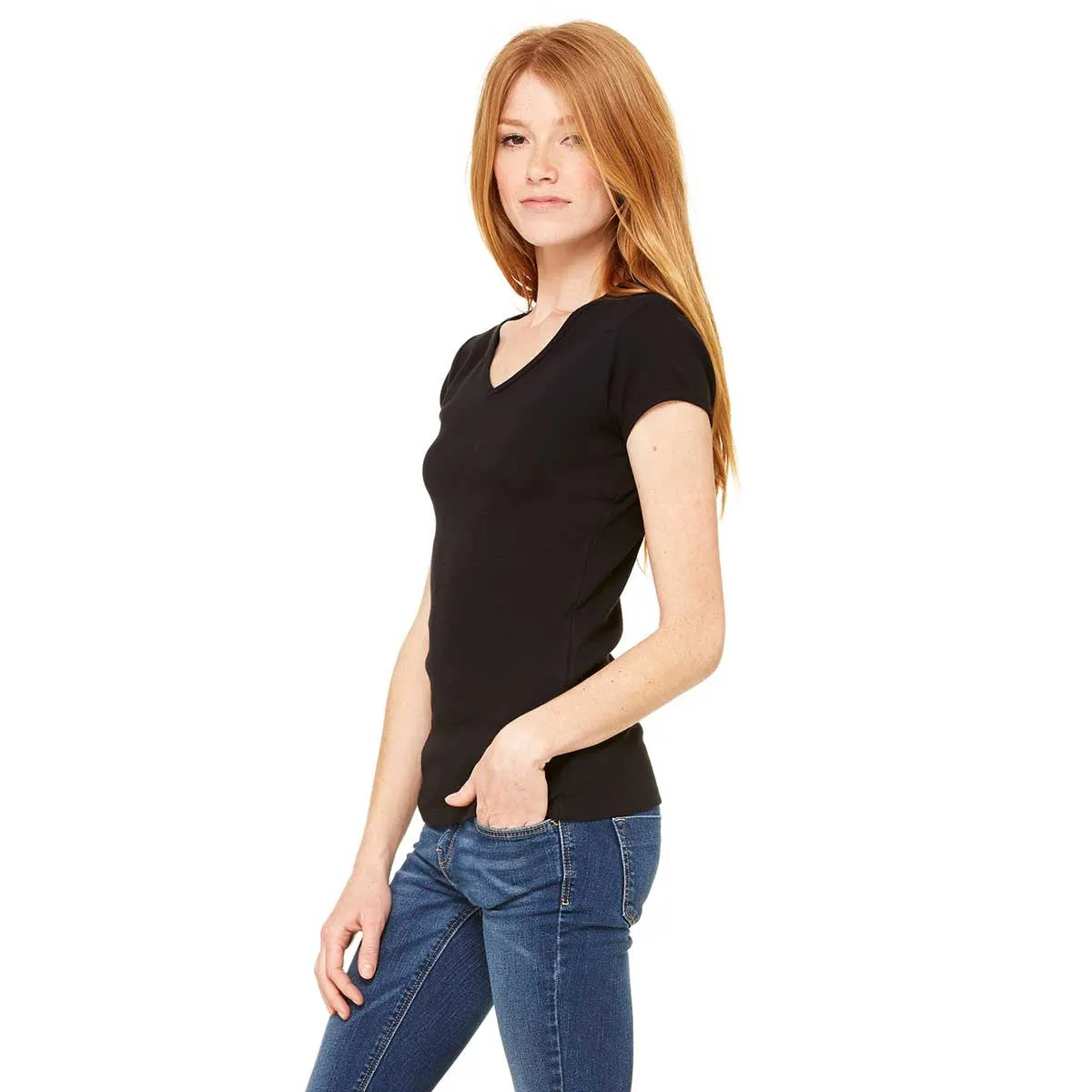 Bella   Canvas Women's Black Stretch Rib Short-Sleeve V-Neck T-Shirt