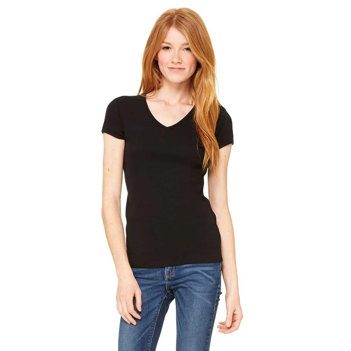 Bella   Canvas Women's Black Stretch Rib Short-Sleeve V-Neck T-Shirt