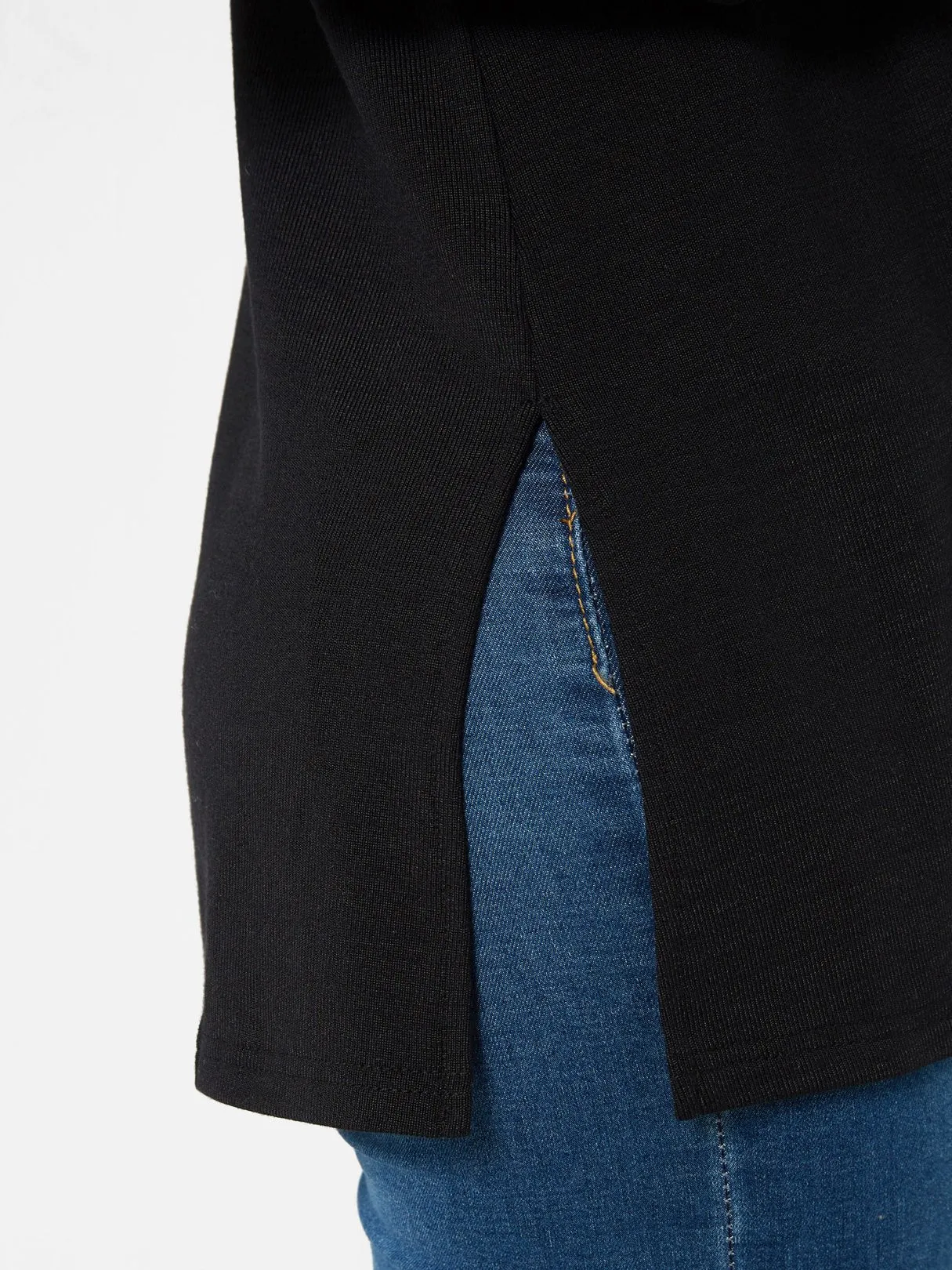 Custom Bateau Cut Out Long Sleeve Slit Hem Black T-Shirts