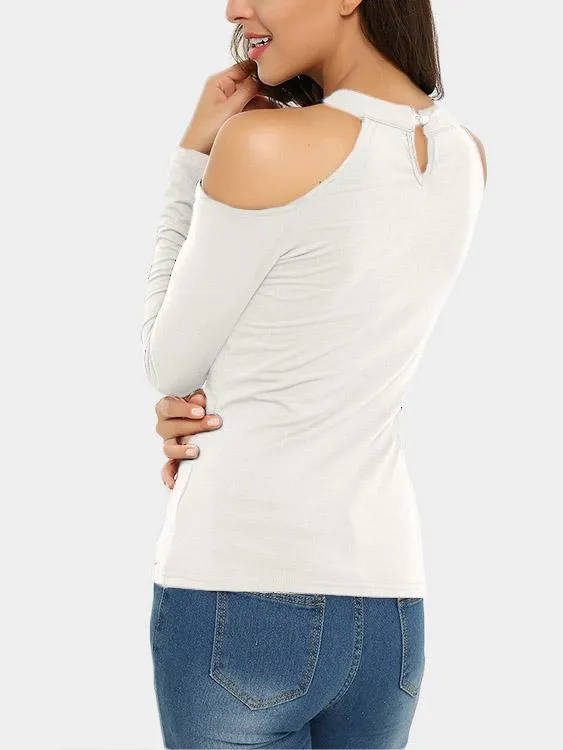 Custom Cold Shoulder Cut Out Long Sleeve White T-Shirts