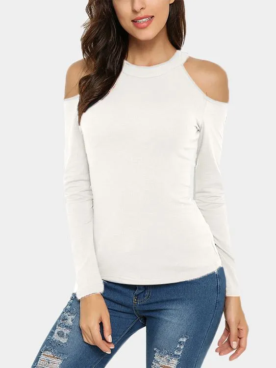 Custom Cold Shoulder Cut Out Long Sleeve White T-Shirts