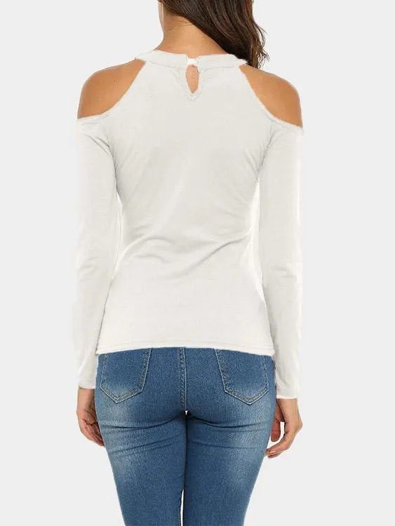 Custom Cold Shoulder Cut Out Long Sleeve White T-Shirts