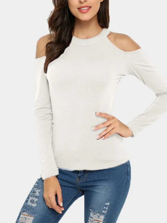 Custom Cold Shoulder Cut Out Long Sleeve White T-Shirts