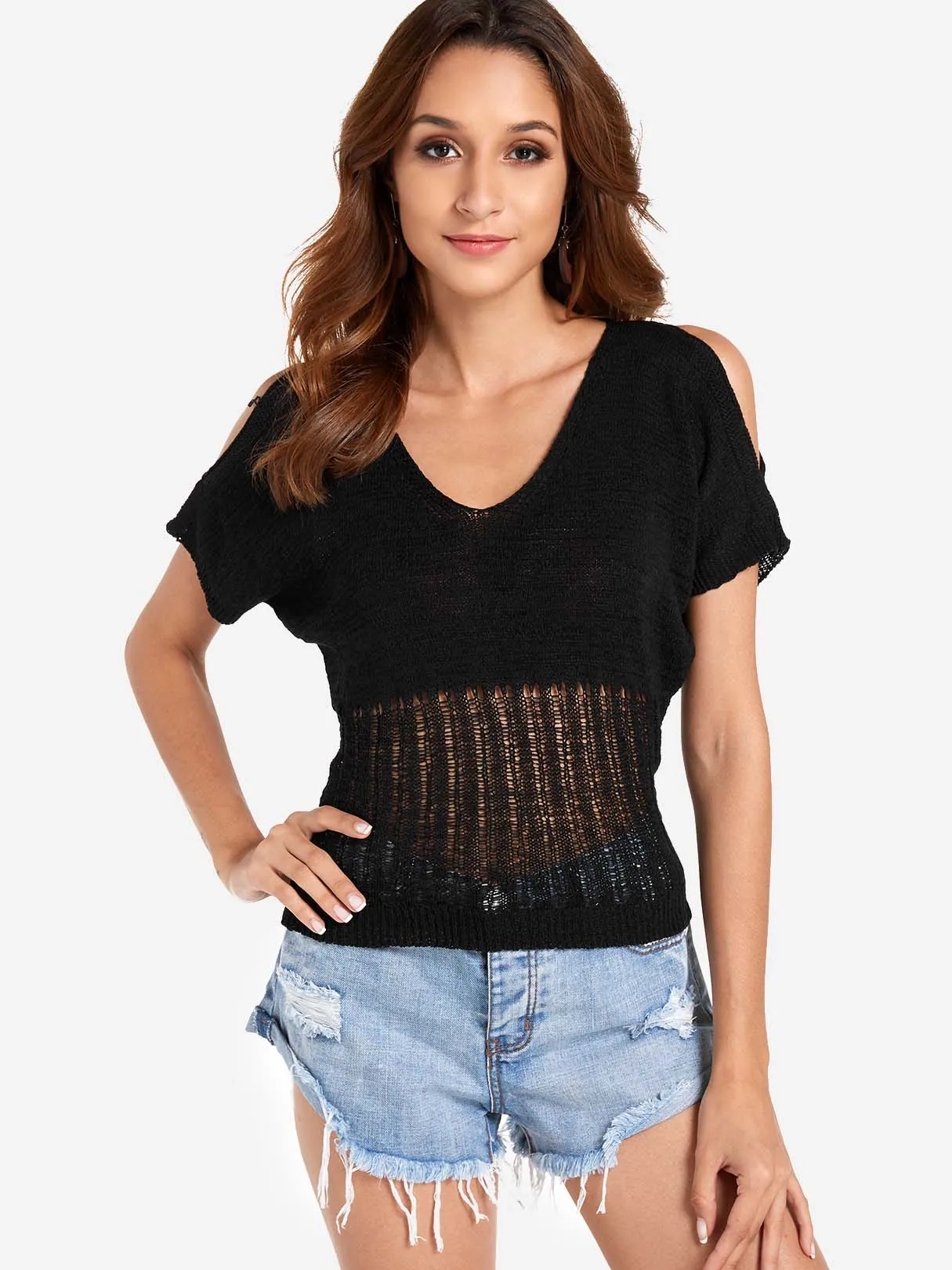 Custom Cold Shoulder Hollow Short Sleeve Black T-Shirts
