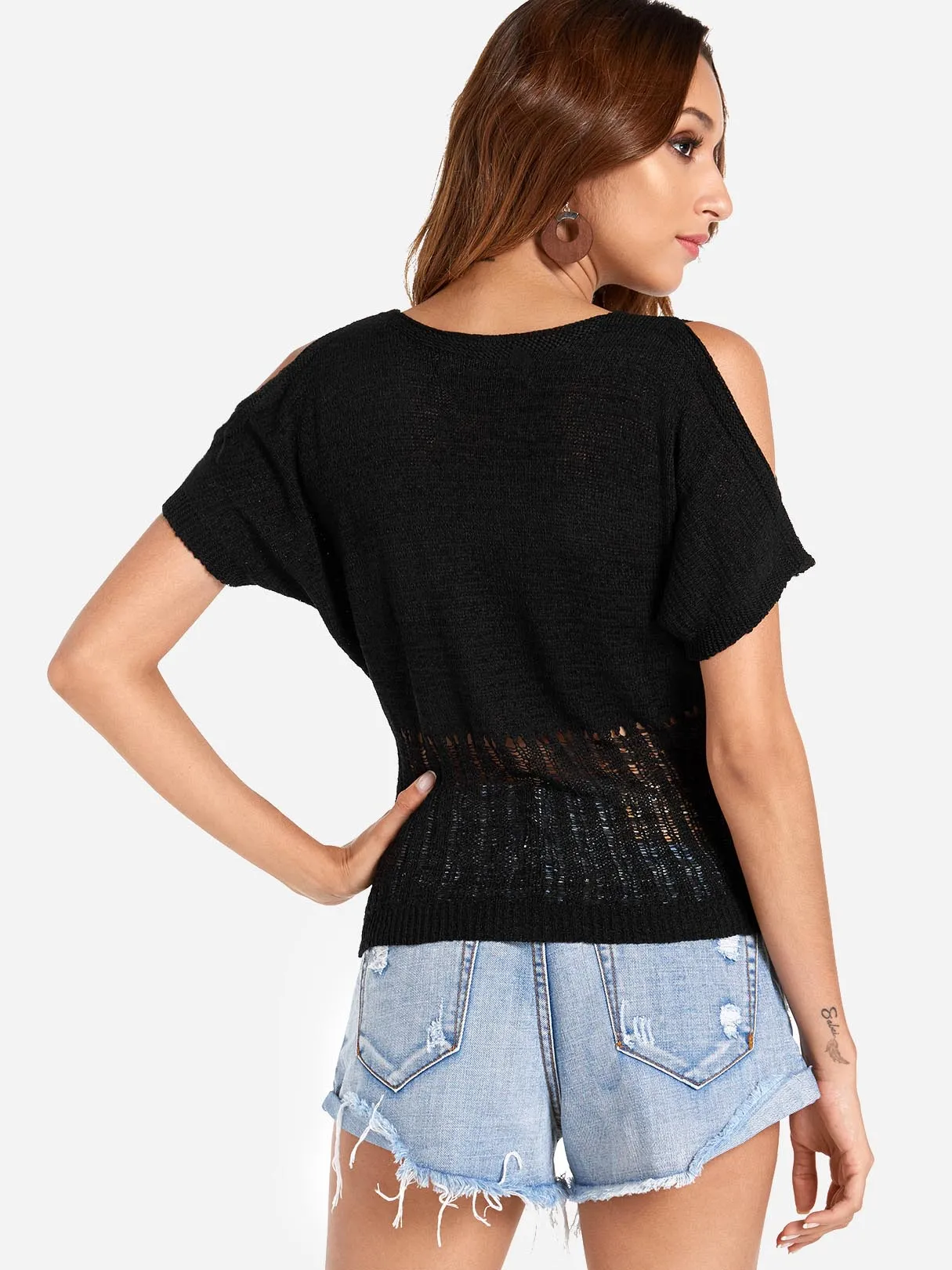 Custom Cold Shoulder Hollow Short Sleeve Black T-Shirts