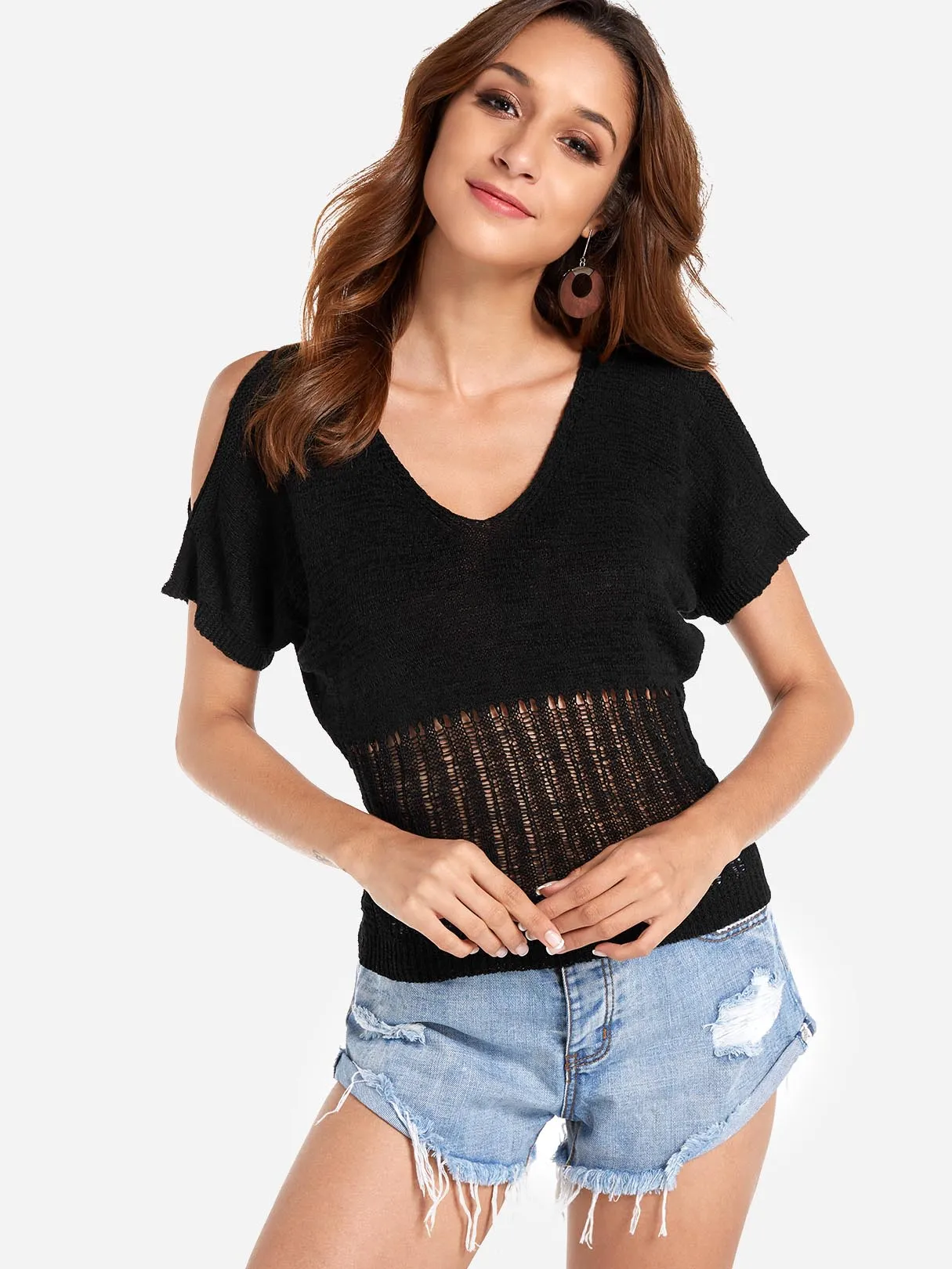Custom Cold Shoulder Hollow Short Sleeve Black T-Shirts