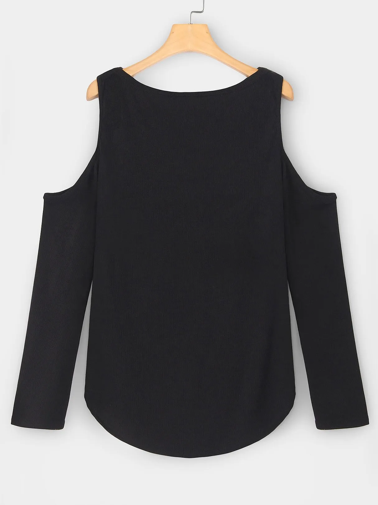 Custom Cold Shoulder Plain Long Sleeve Irregular Hem Black Top