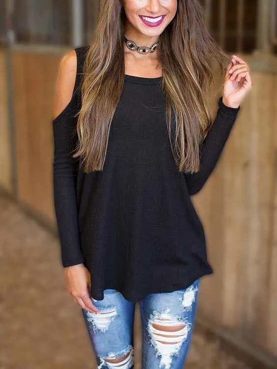 Custom Cold Shoulder Plain Long Sleeve Irregular Hem Black Top