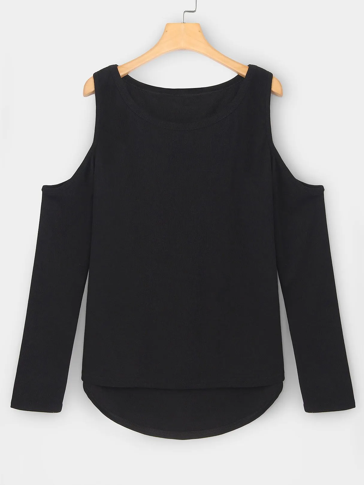 Custom Cold Shoulder Plain Long Sleeve Irregular Hem Black Top