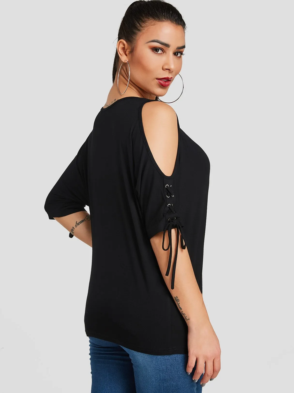 Custom Cold Shoulder Tie-Up Half Sleeve Black T-Shirts