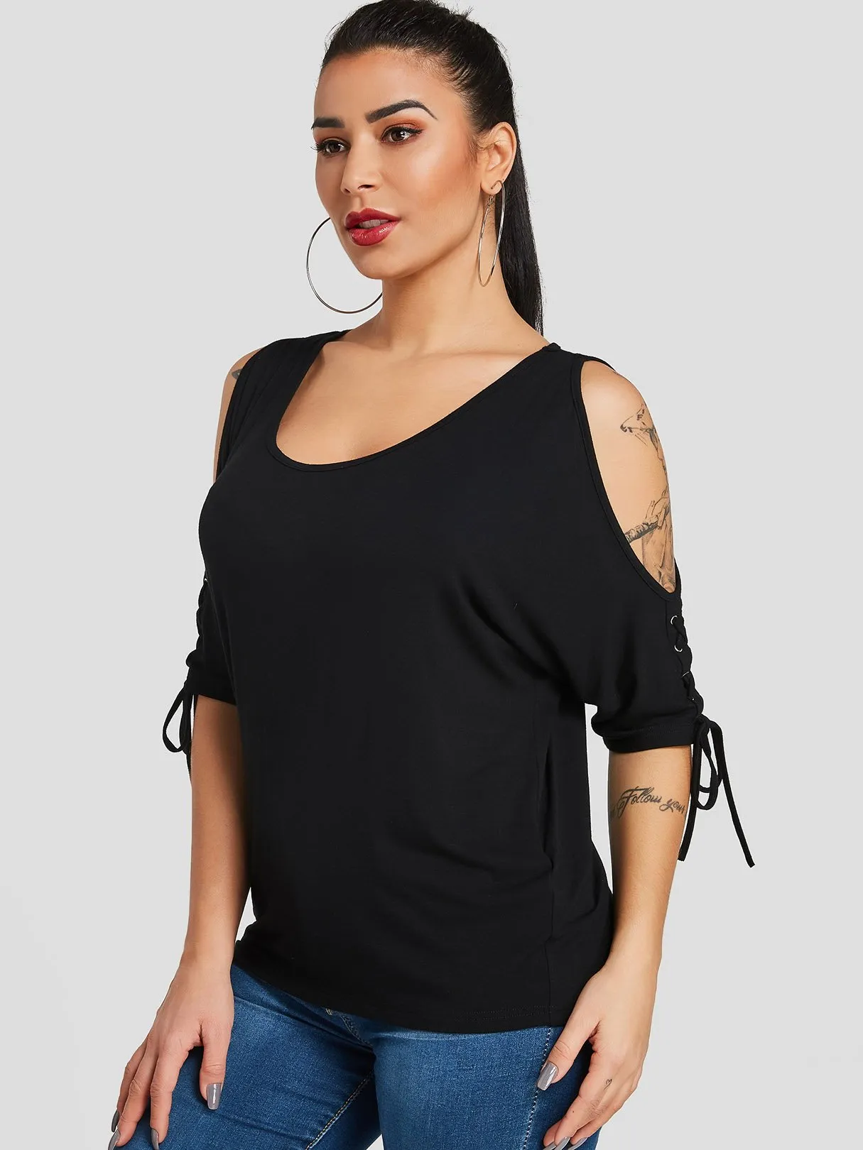 Custom Cold Shoulder Tie-Up Half Sleeve Black T-Shirts