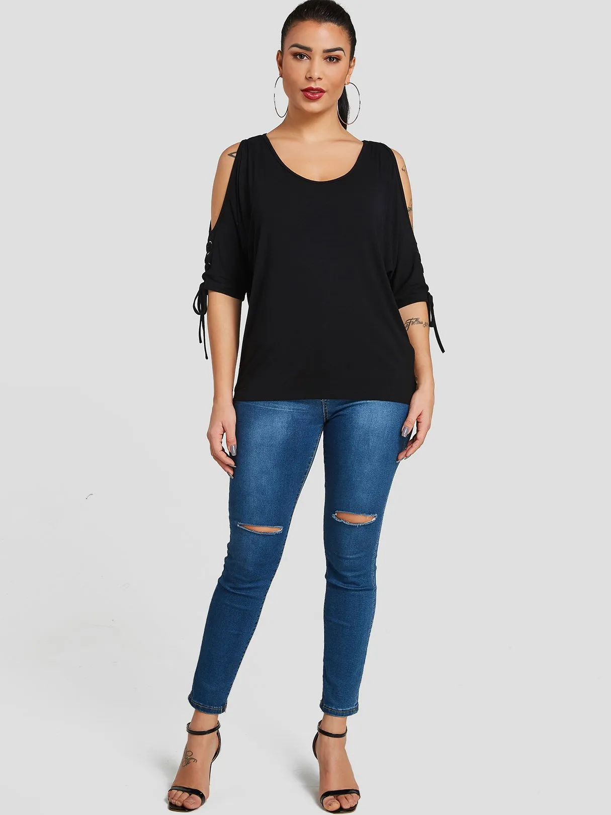 Custom Cold Shoulder Tie-Up Half Sleeve Black T-Shirts