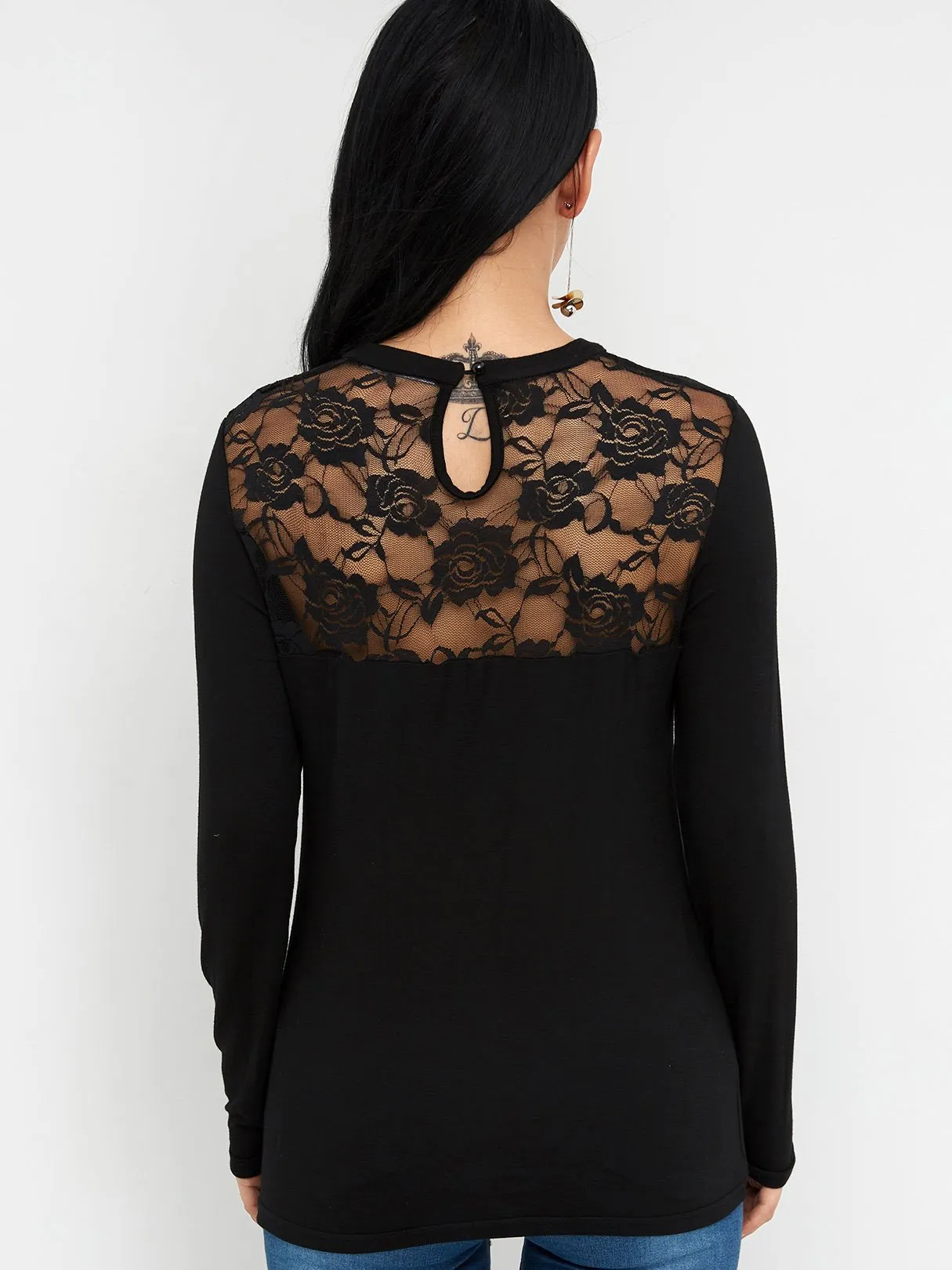 Custom Crew Neck Lace Cut Out Long Sleeve Black T-Shirts