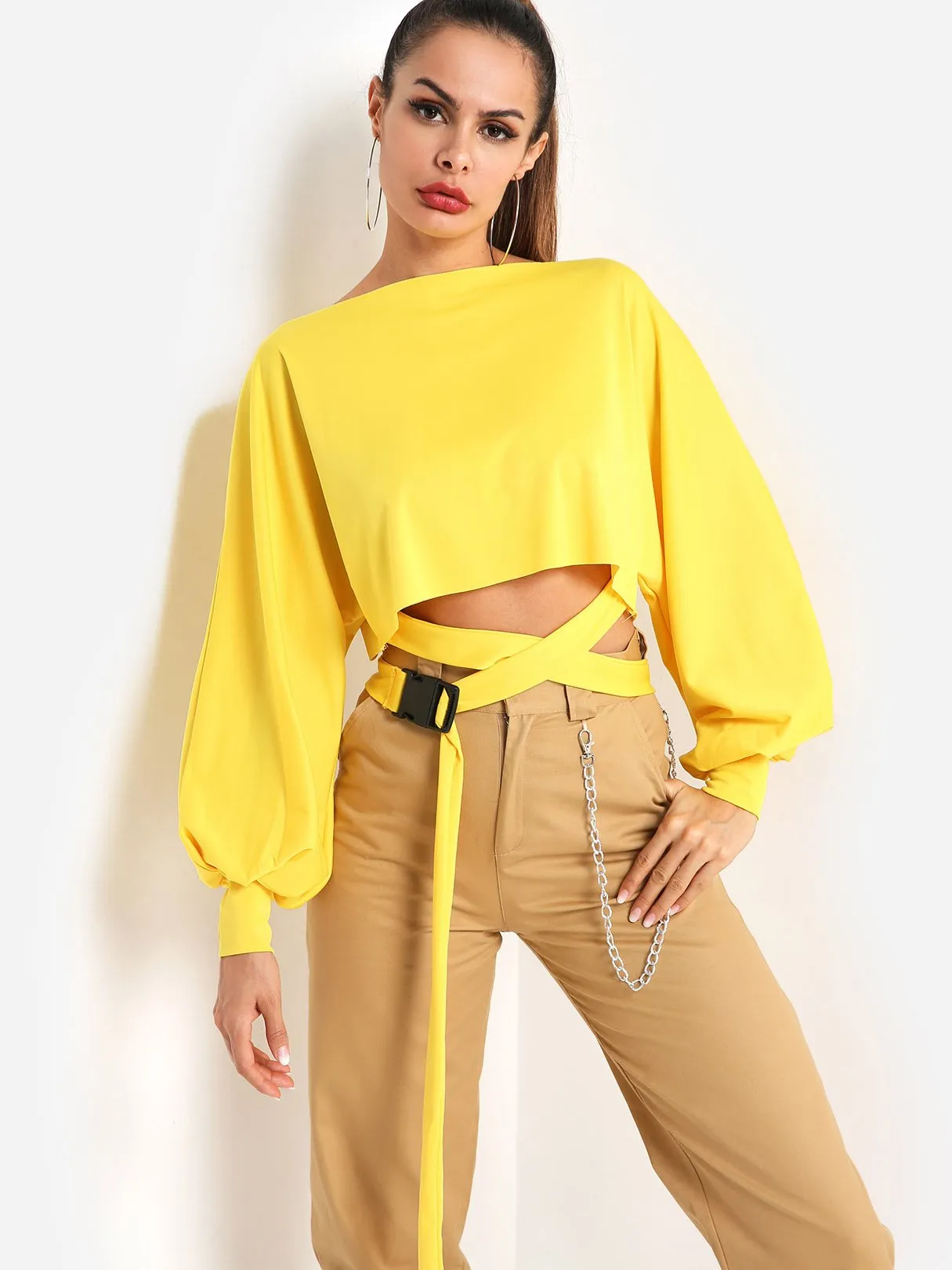Custom Crew Neck Plain Self-Tie Long Sleeve T-Shirts