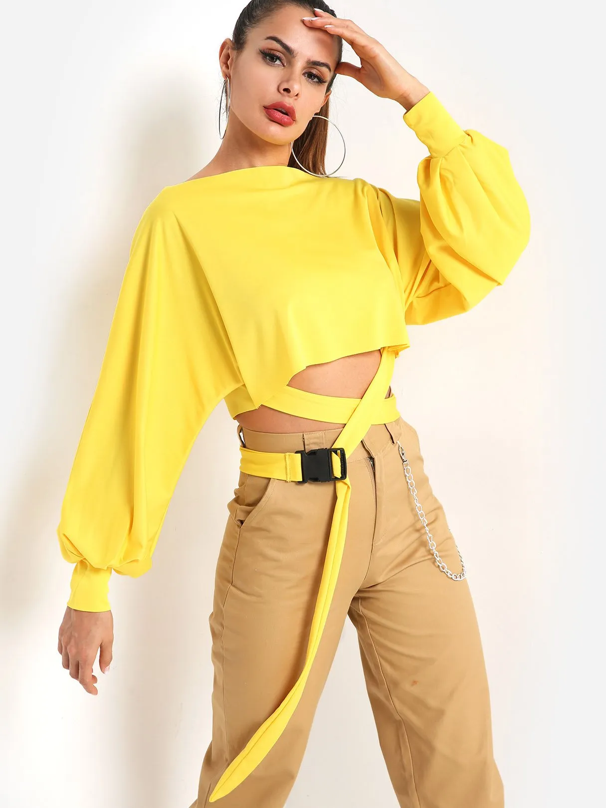 Custom Crew Neck Plain Self-Tie Long Sleeve T-Shirts