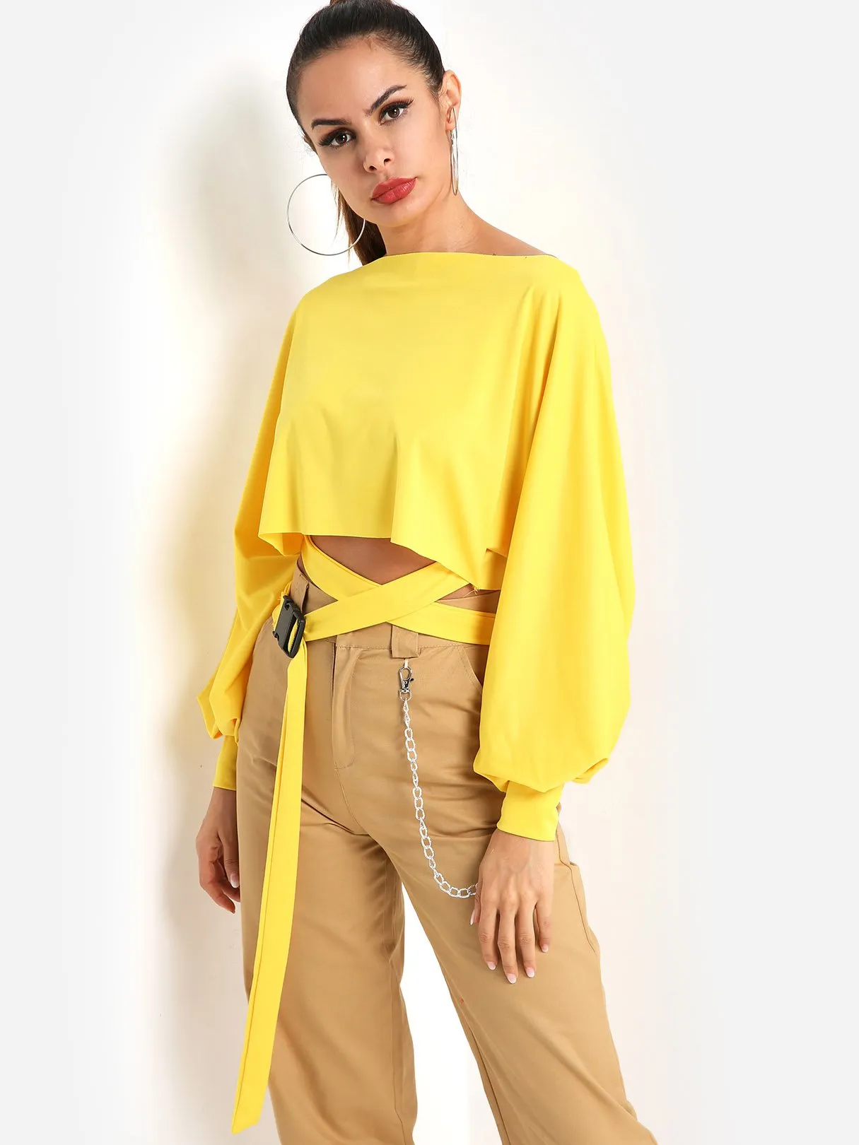 Custom Crew Neck Plain Self-Tie Long Sleeve T-Shirts