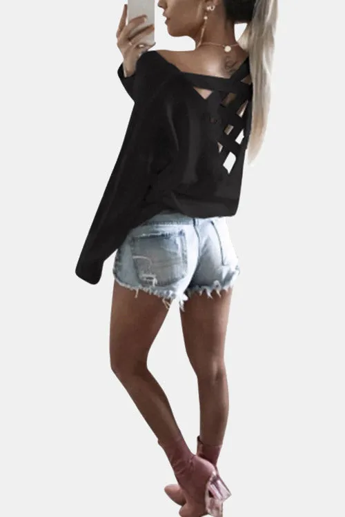 Custom Cutout Round Neck Backless Hollow Details T-shirts
