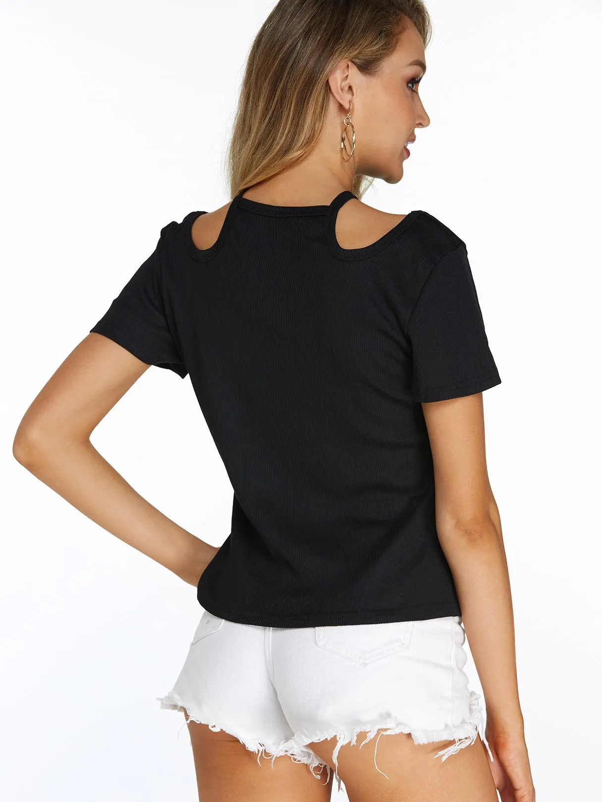 Custom Plain Cut Out Short Sleeve Black T-Shirts