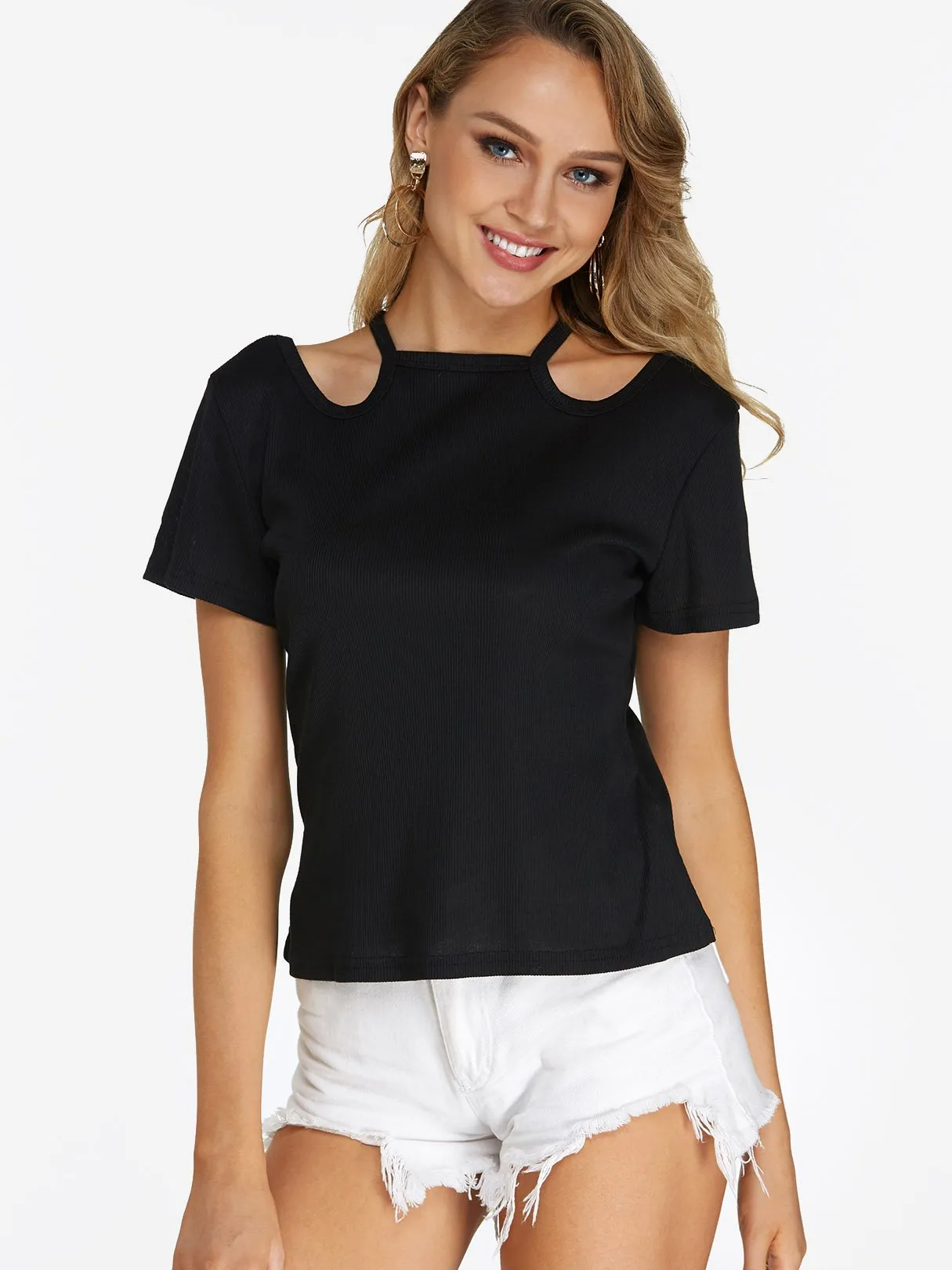 Custom Plain Cut Out Short Sleeve Black T-Shirts