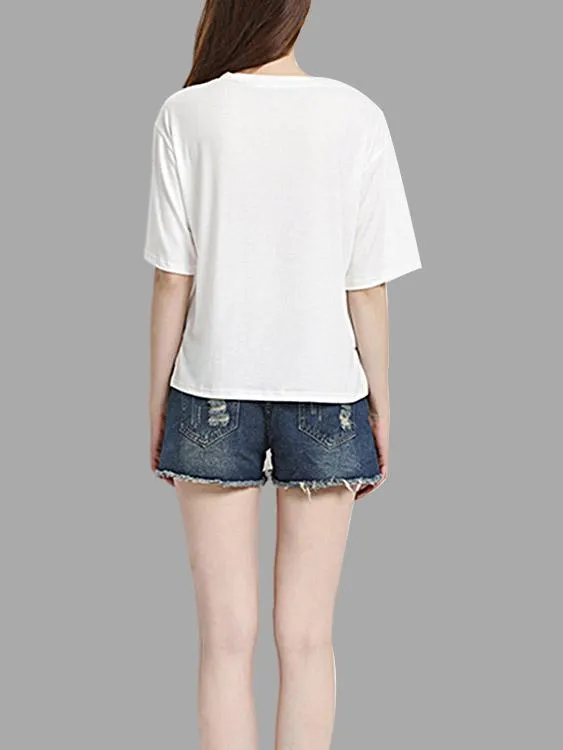Custom Round Neck Casual Loose Cactus Pattern Half Sleeve White T-Shirts