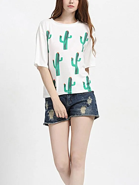 Custom Round Neck Casual Loose Cactus Pattern Half Sleeve White T-Shirts