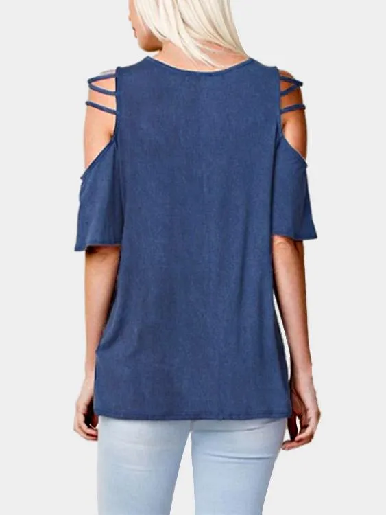 Custom Round Neck Cold Shoulder Cut Out Half Sleeve Blue Top