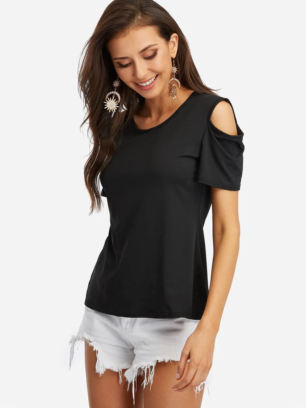 Custom Round Neck Cold Shoulder Lace Short Sleeve T-Shirts