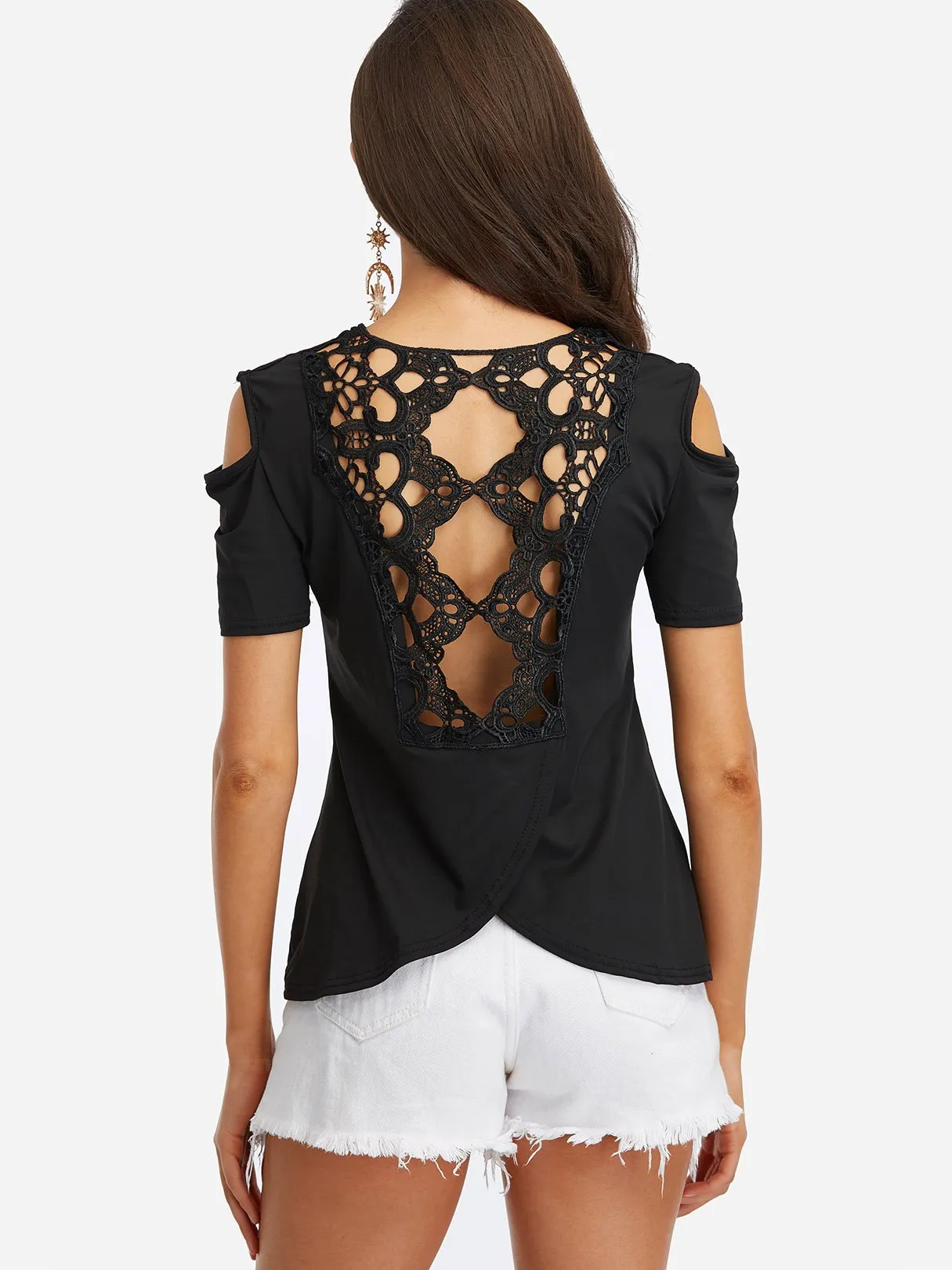 Custom Round Neck Cold Shoulder Lace Short Sleeve T-Shirts