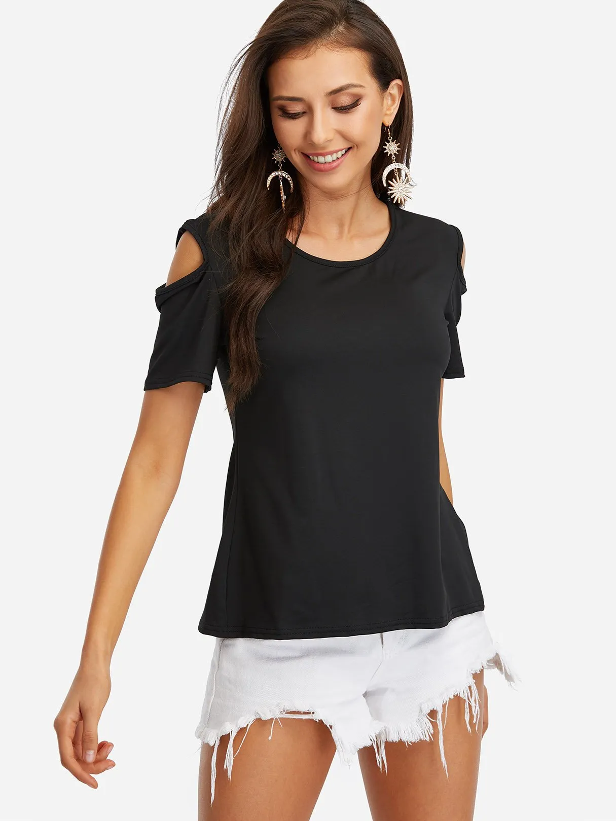 Custom Round Neck Cold Shoulder Lace Short Sleeve T-Shirts