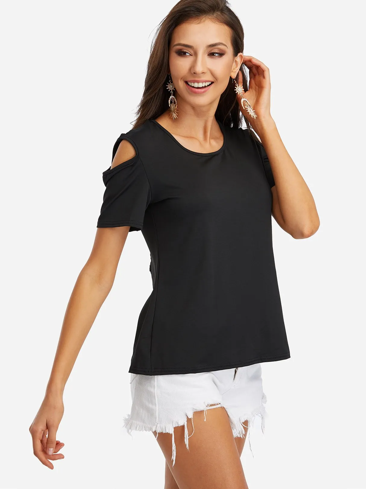 Custom Round Neck Cold Shoulder Lace Short Sleeve T-Shirts