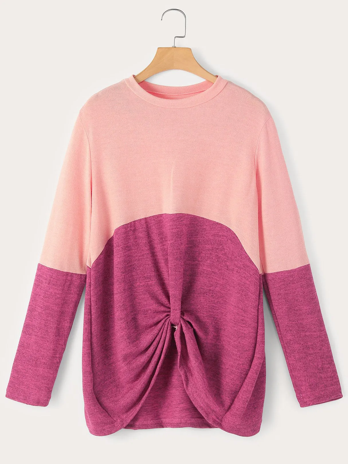 Custom Round Neck Crossed Front Long Sleeve Pink T-Shirts