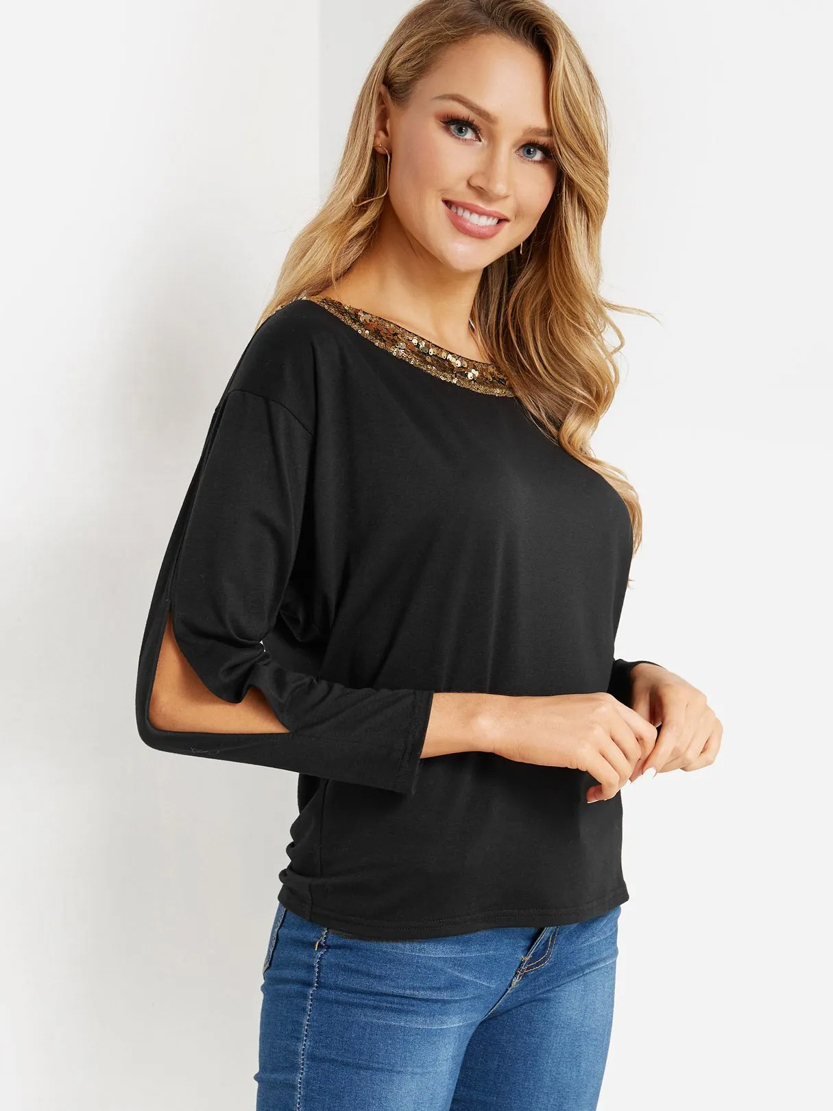 Custom Round Neck Plain Cut Out Sequins Embellished Long Sleeve Black Top