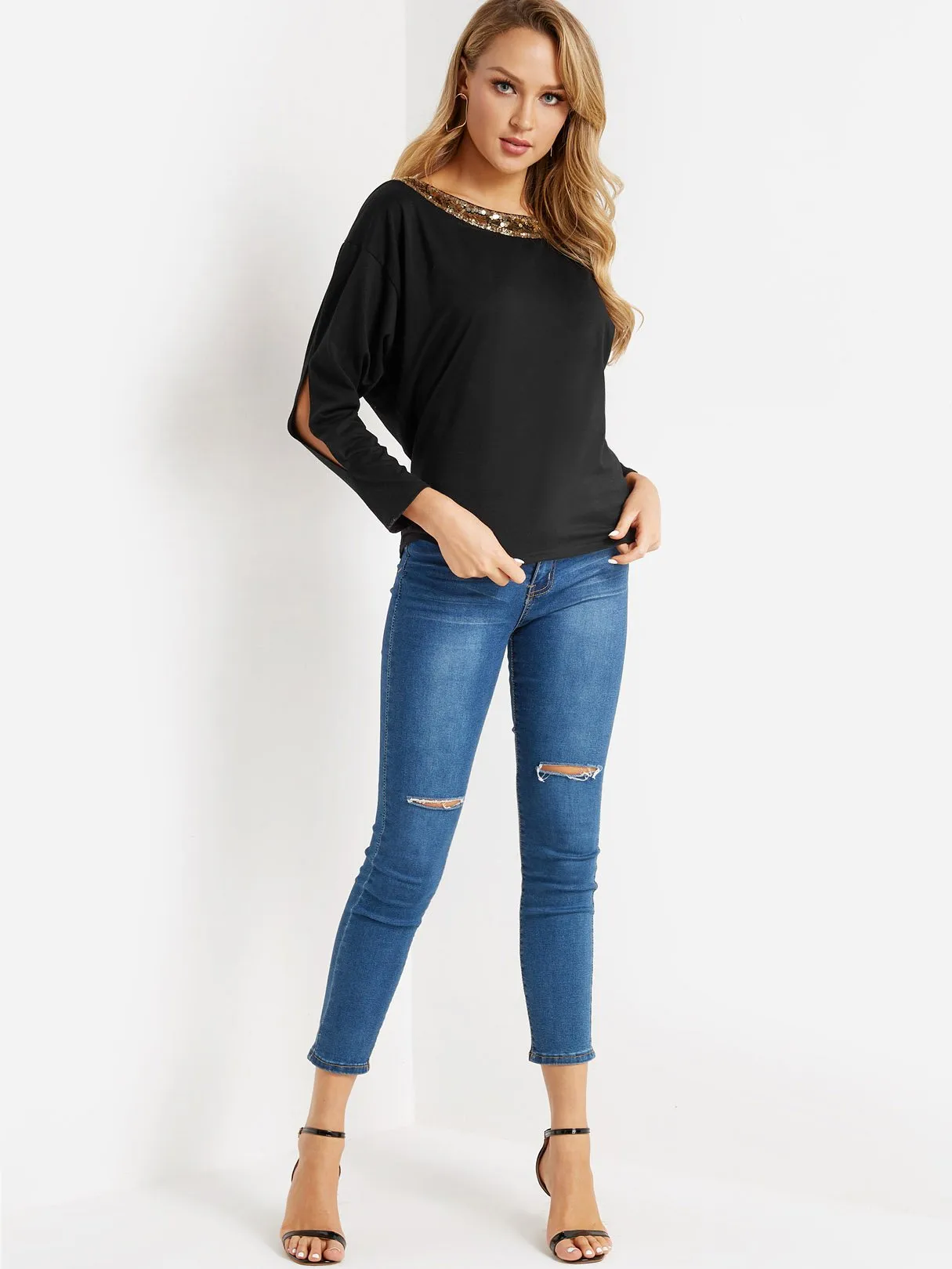 Custom Round Neck Plain Cut Out Sequins Embellished Long Sleeve Black Top