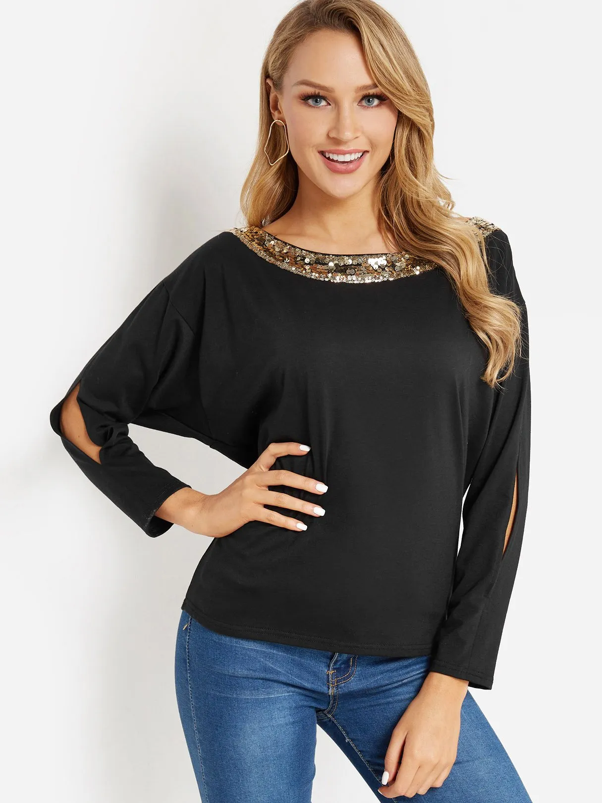 Custom Round Neck Plain Cut Out Sequins Embellished Long Sleeve Black Top