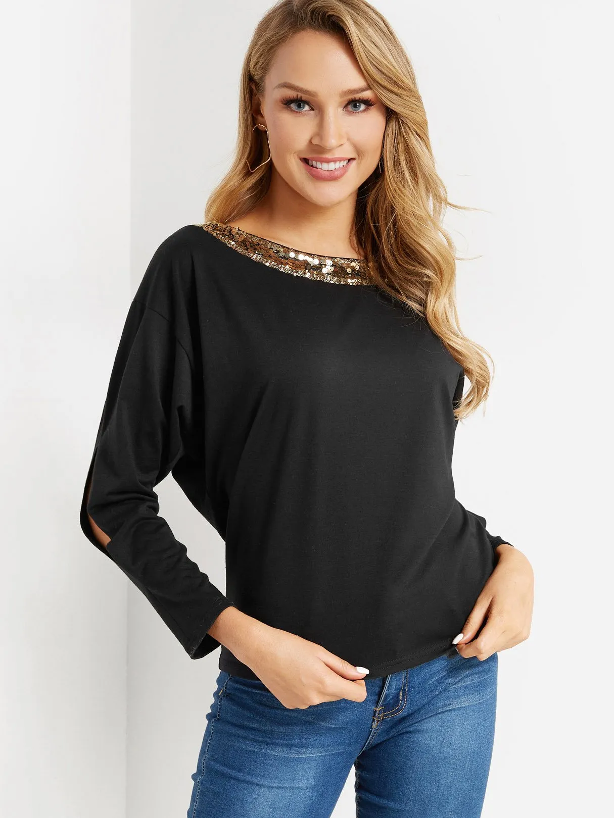 Custom Round Neck Plain Cut Out Sequins Embellished Long Sleeve Black Top