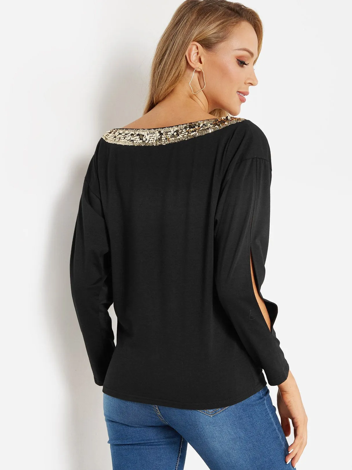 Custom Round Neck Plain Cut Out Sequins Embellished Long Sleeve Black Top