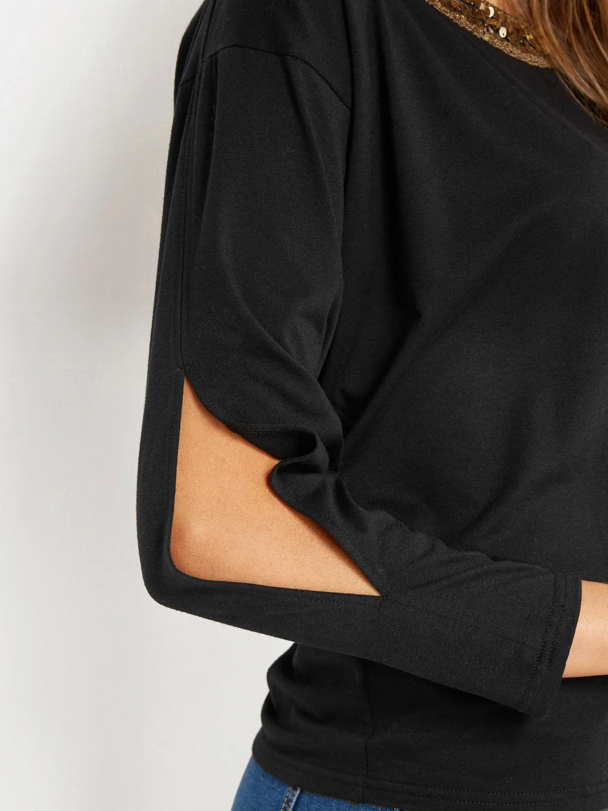 Custom Round Neck Plain Cut Out Sequins Embellished Long Sleeve Black Top