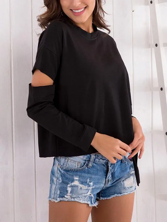 Custom Round Neck Plain Hollow Cut Out Long Sleeve Black Top