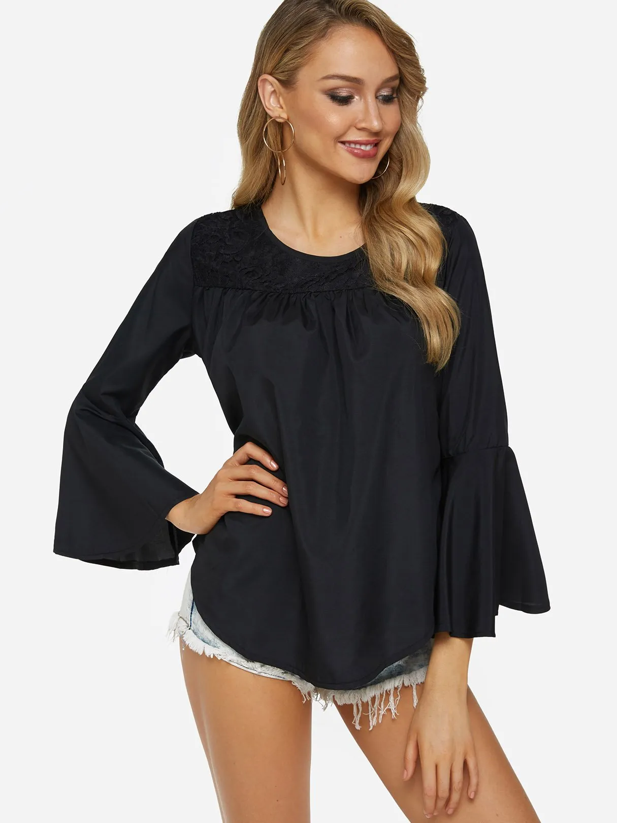 Custom Round Neck Plain Lace Long Sleeve Tee