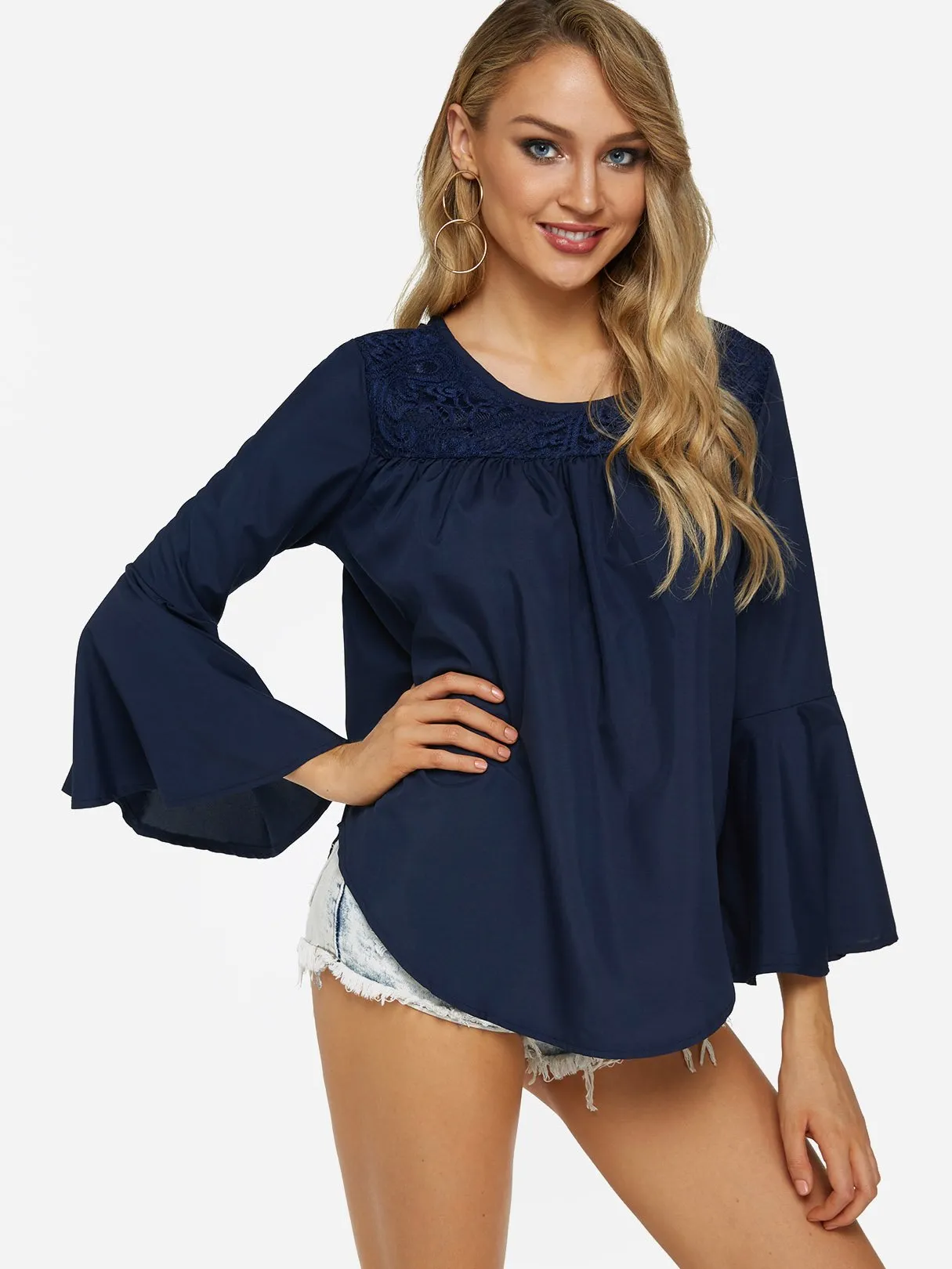 Custom Round Neck Plain Lace Long Sleeve Tee