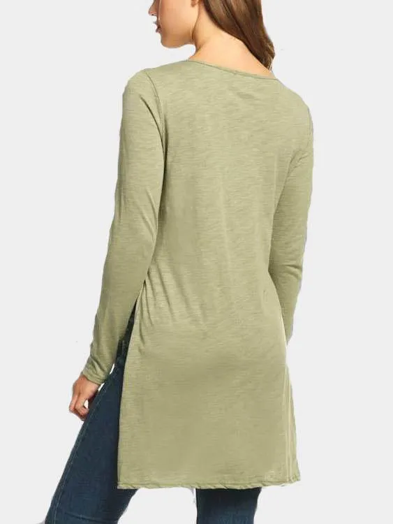 Custom Round Neck Plain Long Sleeve Slit Hem T-Shirts