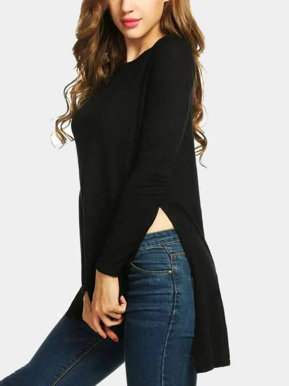 Custom Round Neck Plain Long Sleeve Slit Hem T-Shirts