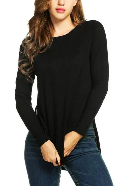 Custom Round Neck Plain Long Sleeve Slit Hem T-Shirts
