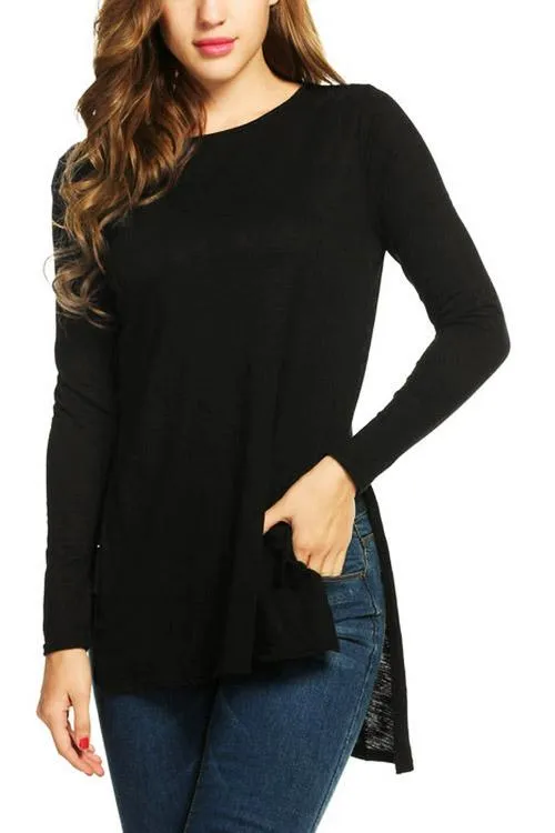 Custom Round Neck Plain Long Sleeve Slit Hem T-Shirts