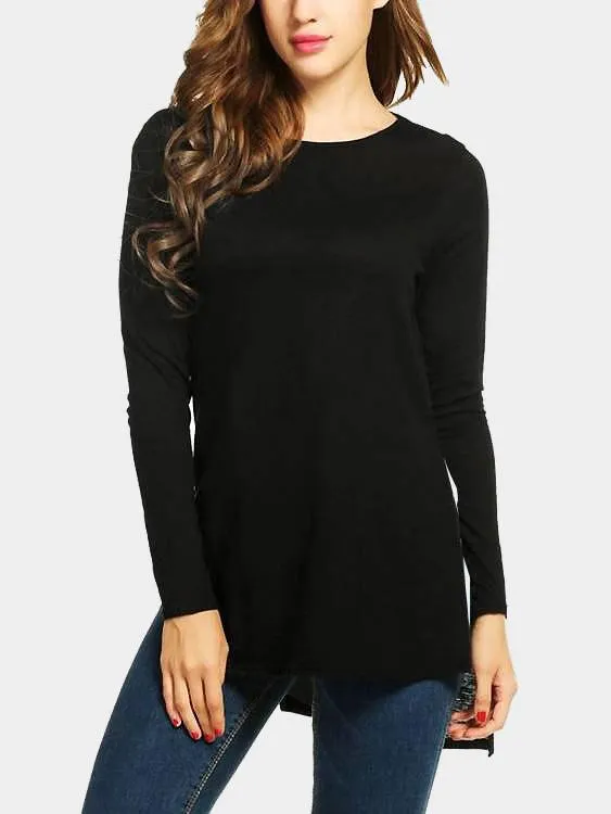 Custom Round Neck Plain Long Sleeve Slit Hem T-Shirts