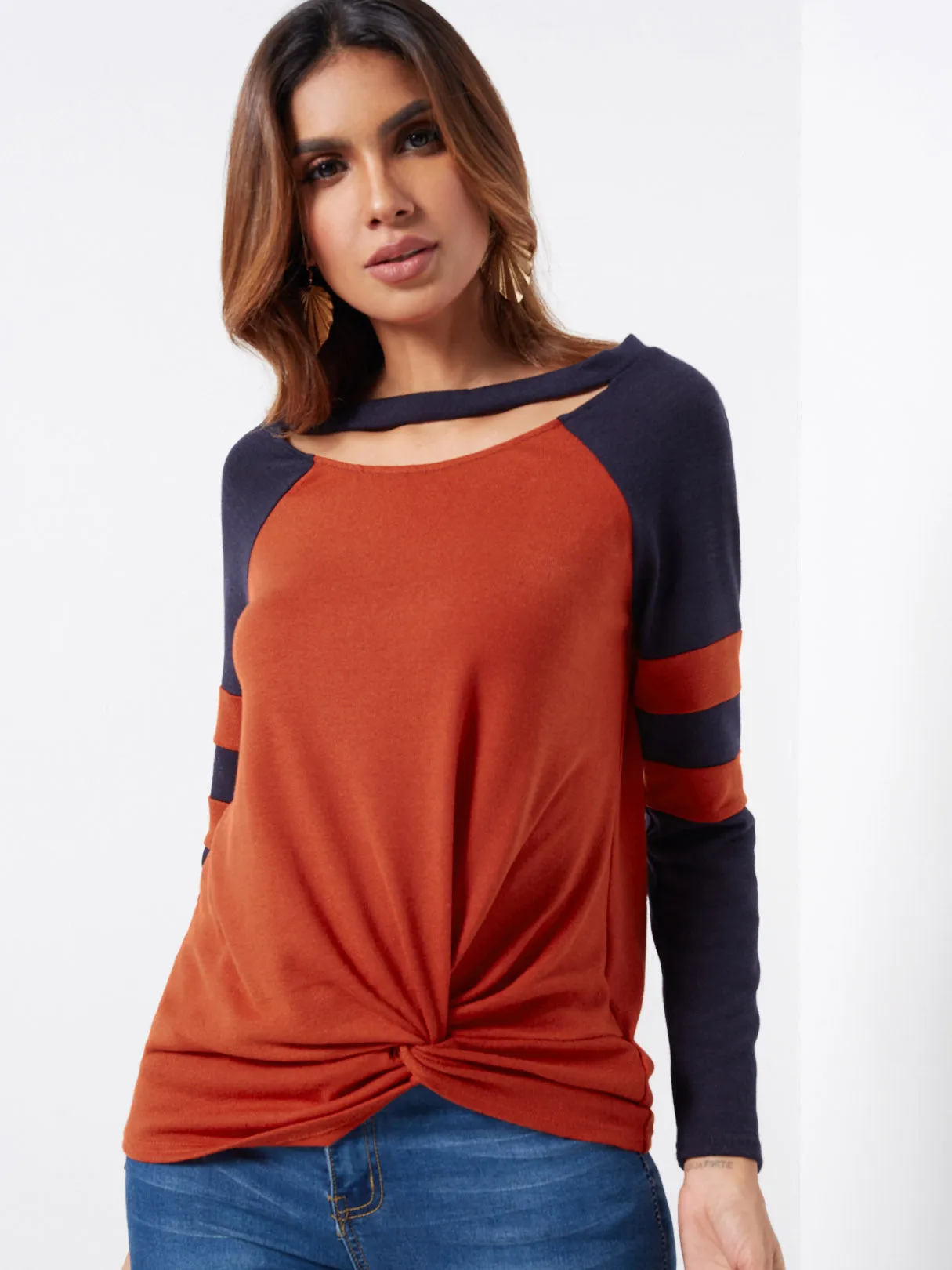 Custom Round Neck Stripe Cut Out Long Sleeve Orange T-Shirts