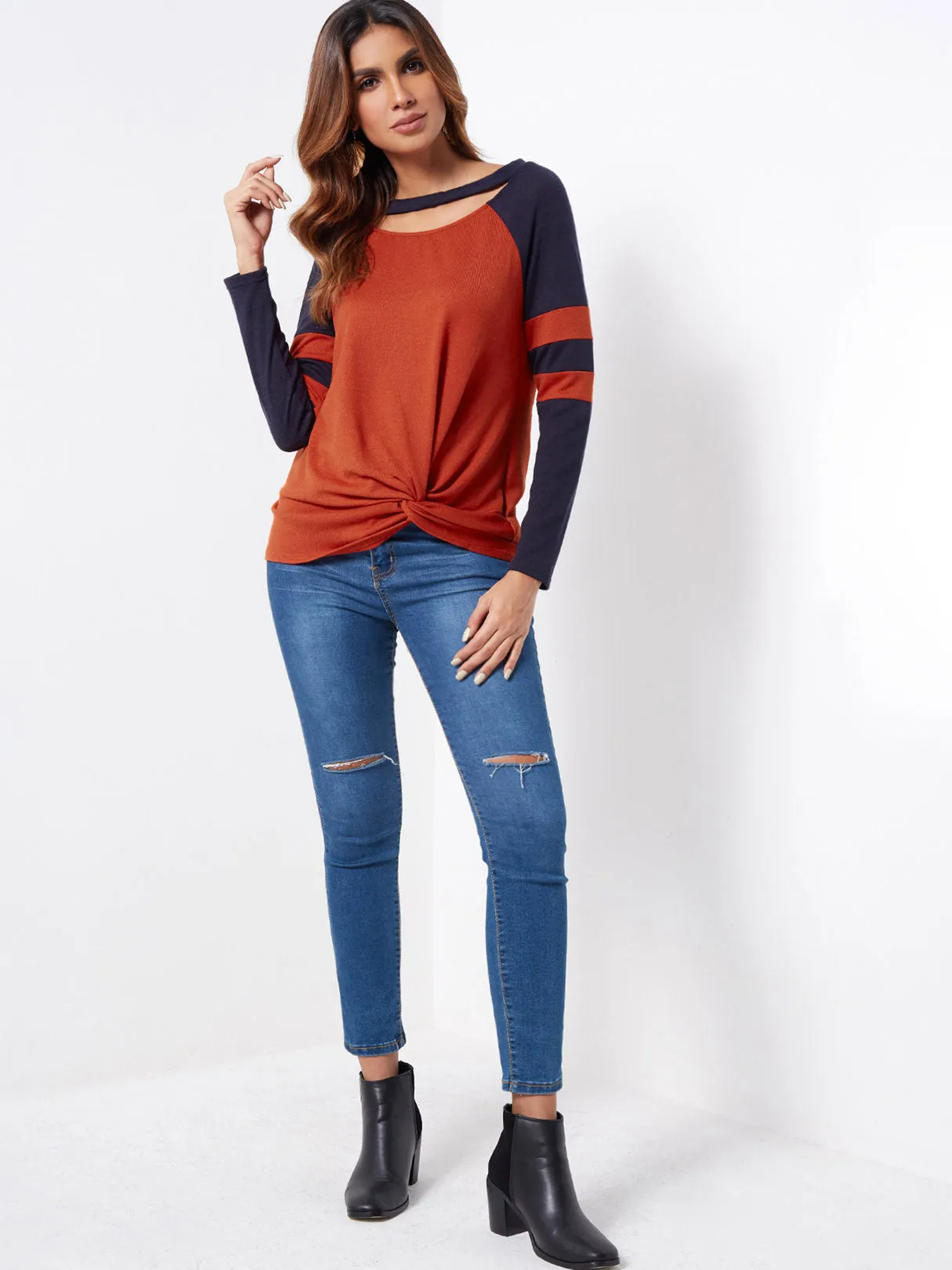 Custom Round Neck Stripe Cut Out Long Sleeve Orange T-Shirts