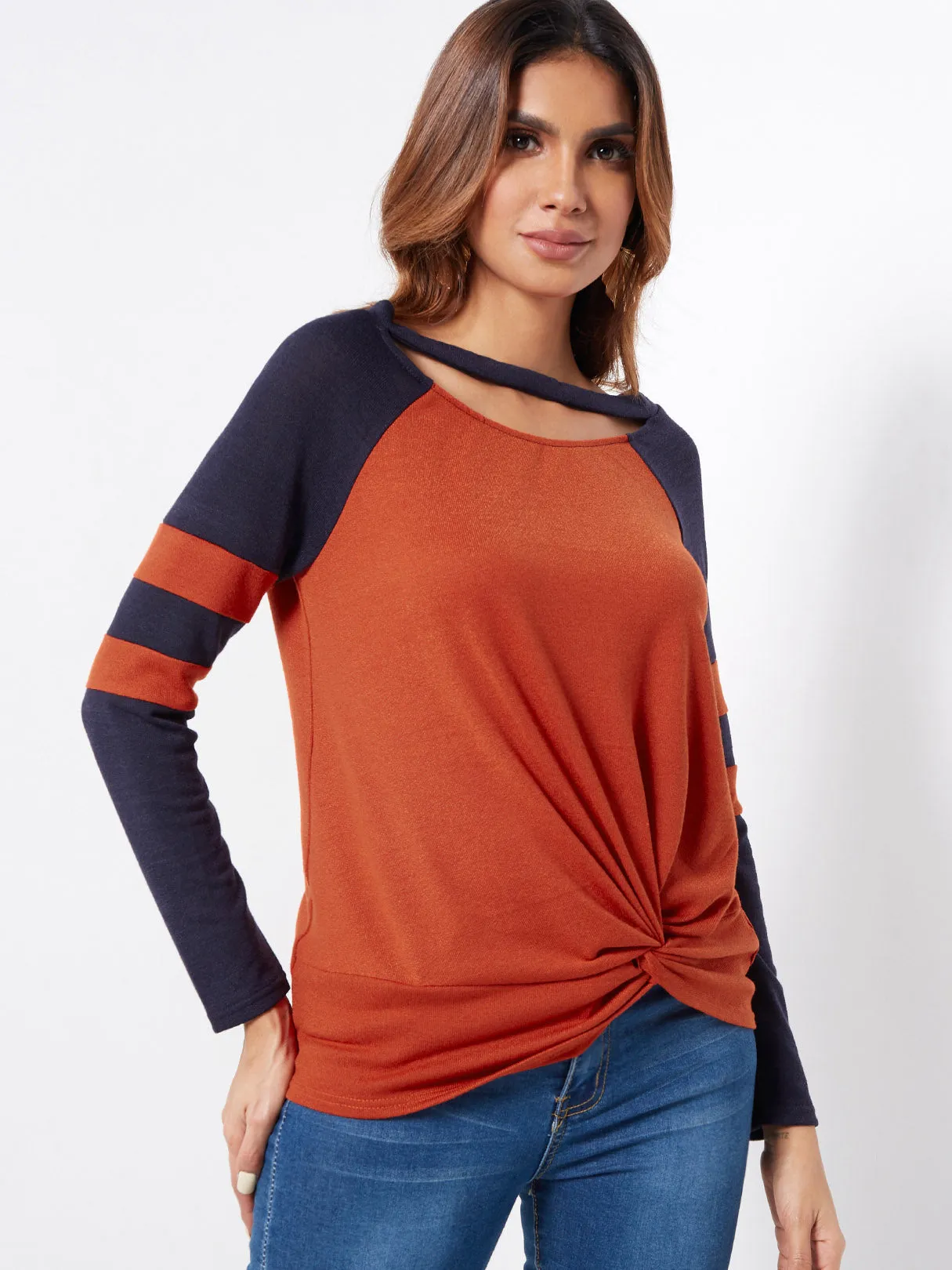Custom Round Neck Stripe Cut Out Long Sleeve Orange T-Shirts