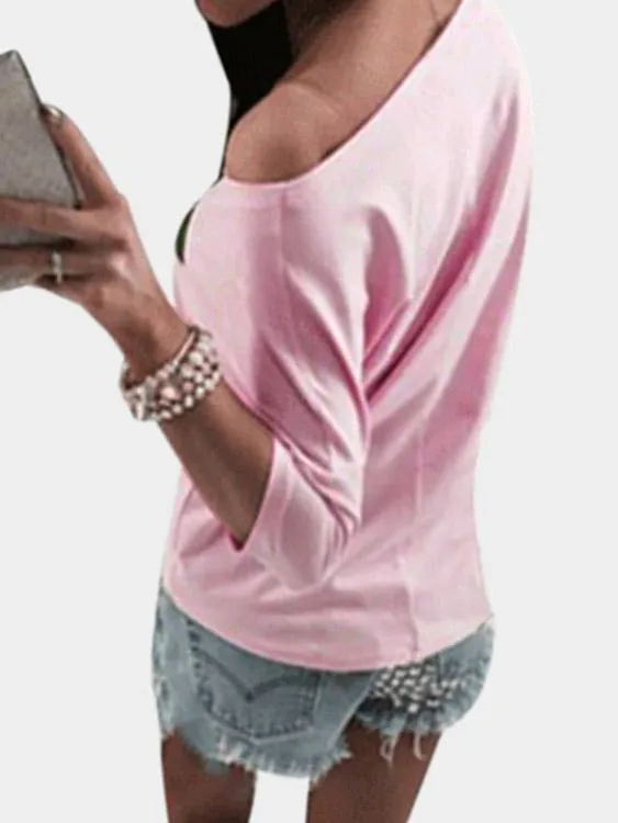 Custom Scoop Neck Printed 3/4 Sleeve Pink T-Shirts
